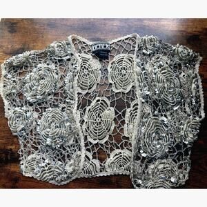 Berek 2 Crochet Lace Top Sheer Floral Sequin Ivory Boho Size L